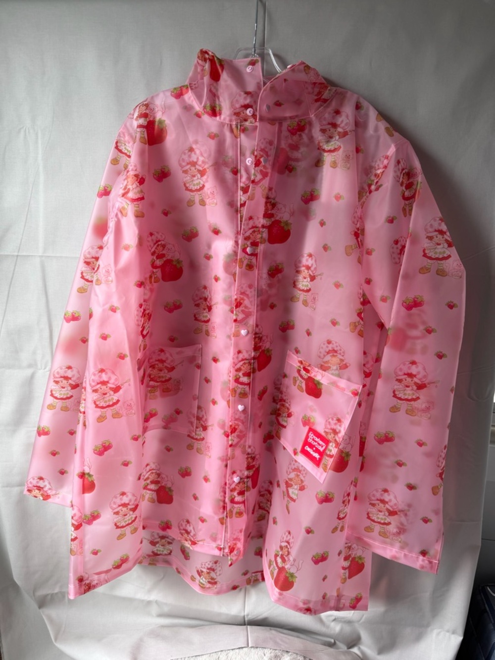Pink Strawberry Short Cake Print Transparent Hooded Raincoat (i184) - Picture 4 of 13